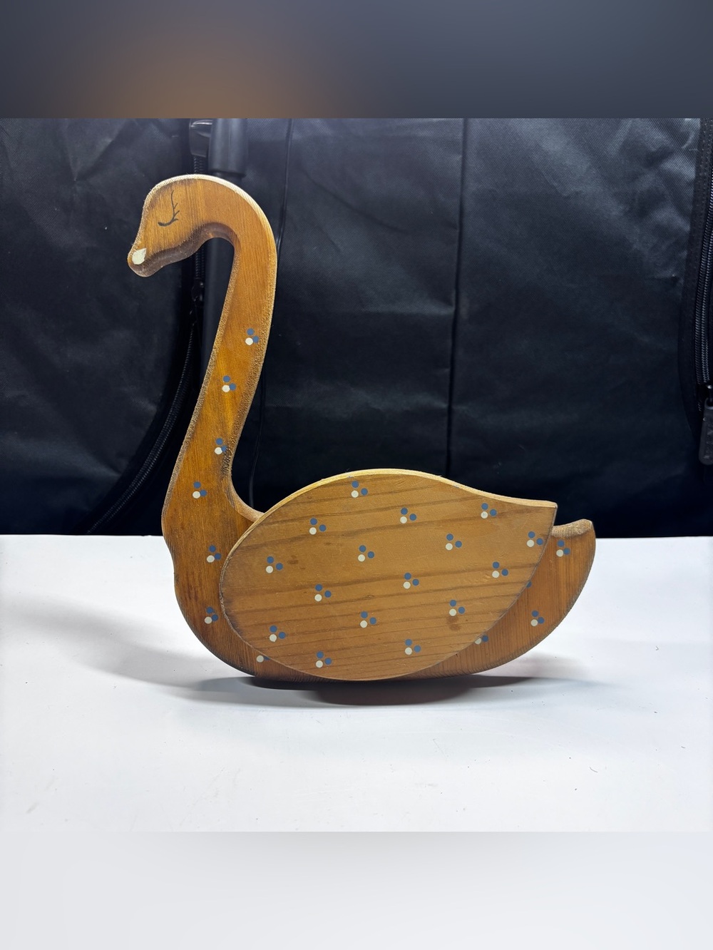Wood Wall Pocket Polka Dot Swan 10x8.5 Cottage Grandma Country Core Vtg goose